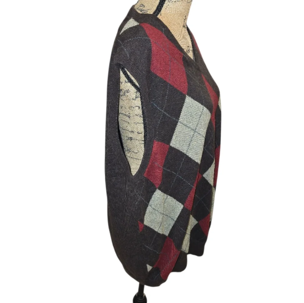 J. Crew Argyle‎ V-Neck Sweater Vest Brown and Red Cashmere Blend Size XL